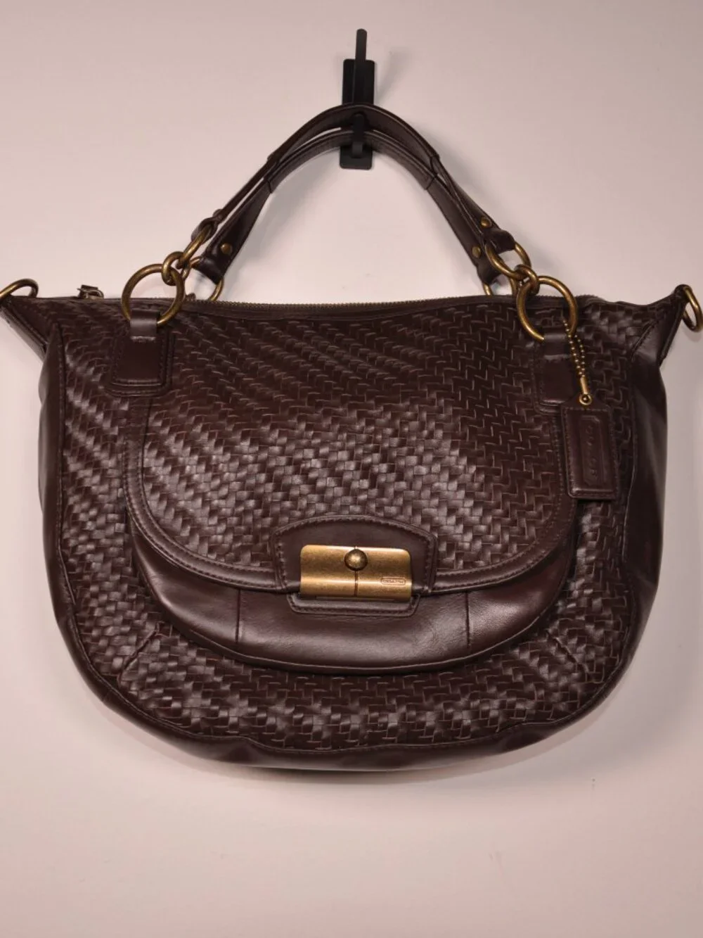 Coach F23048 Kristin Woven Leather Satchel Tan Brown Shoulder Bag